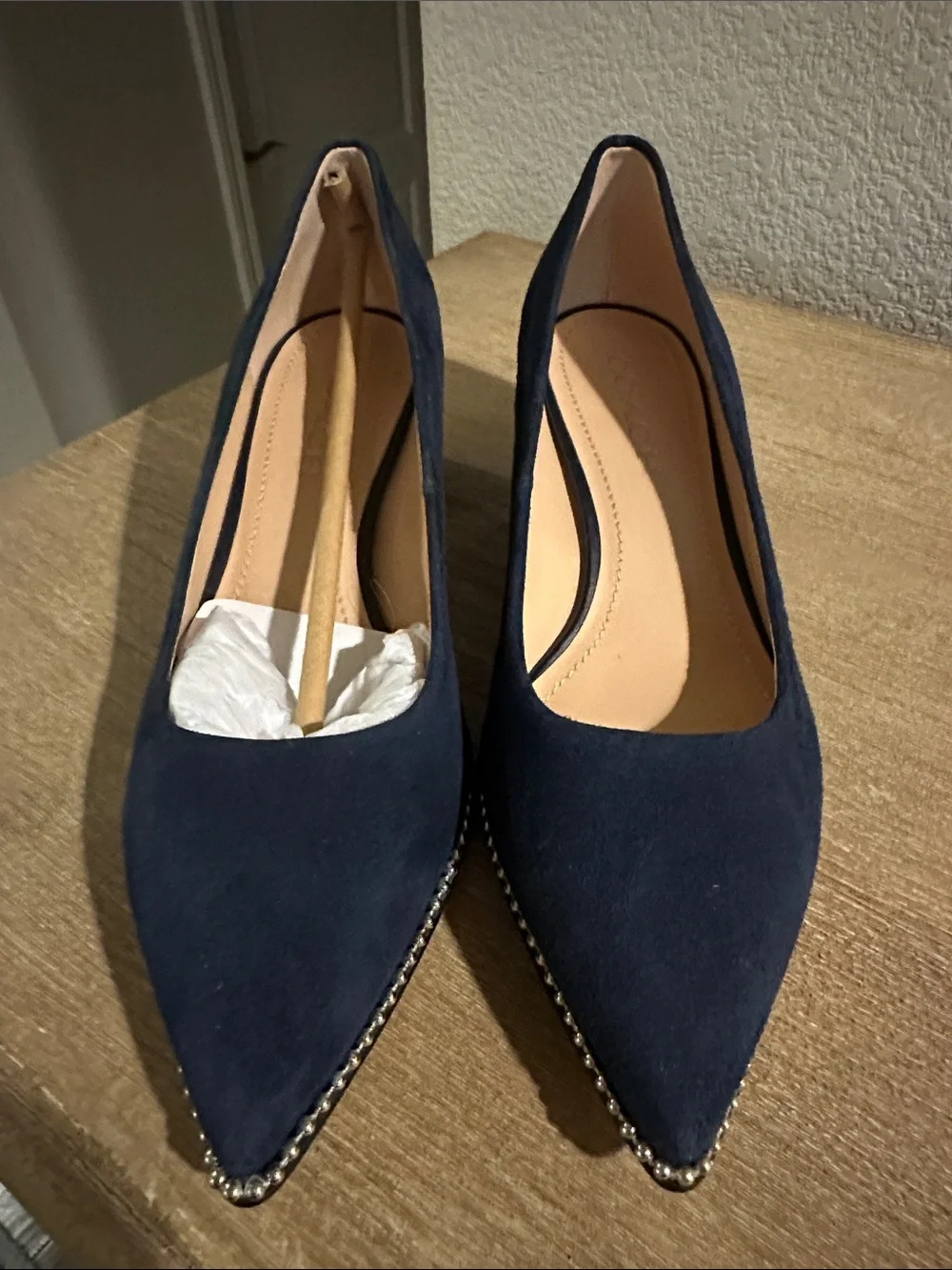 Coach Navy Suede Pointed Toe Low Block Heel Pumps